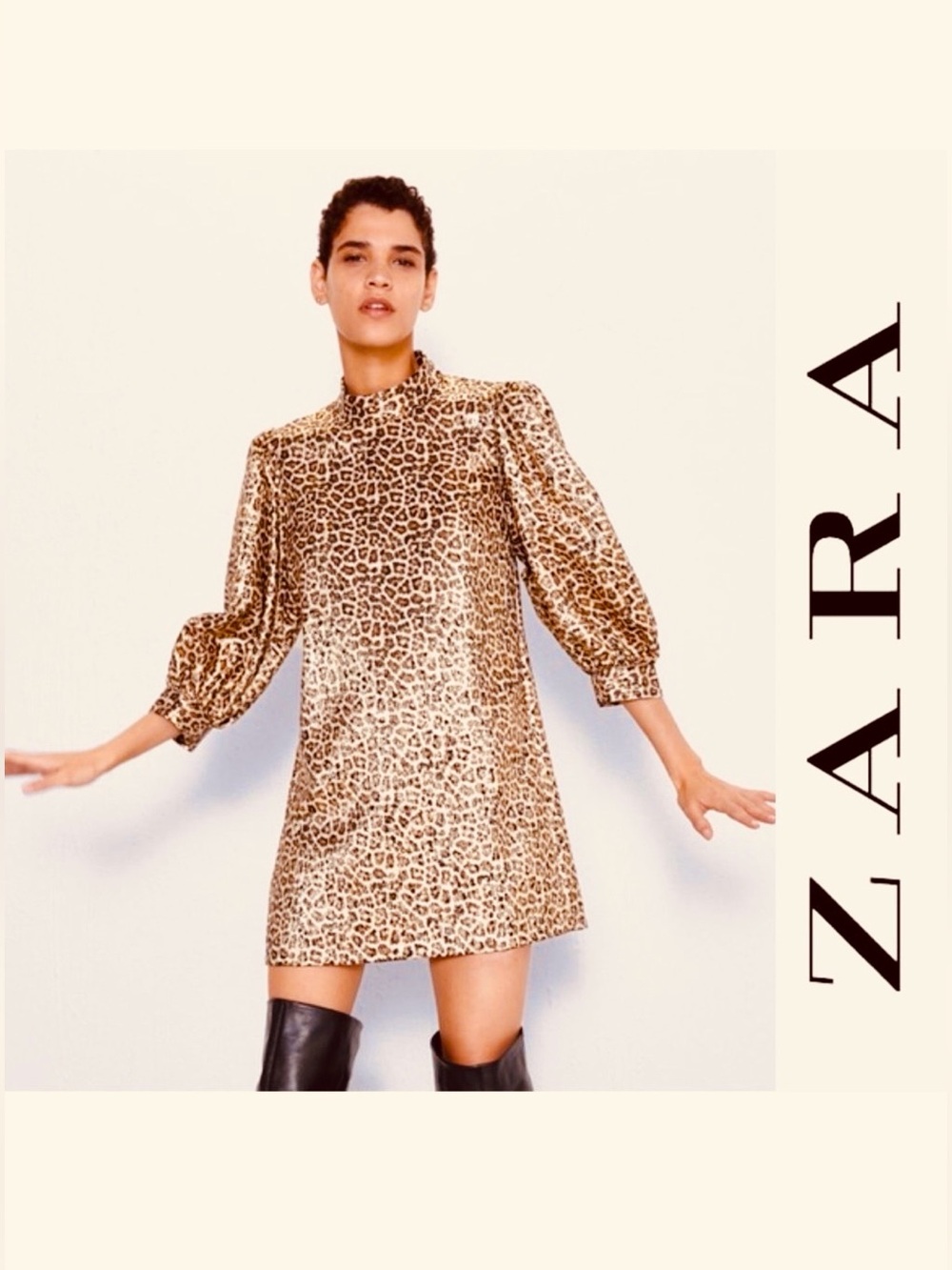 ZARA Leopard-Print Puff-Sleeve Mini Dress - Brown